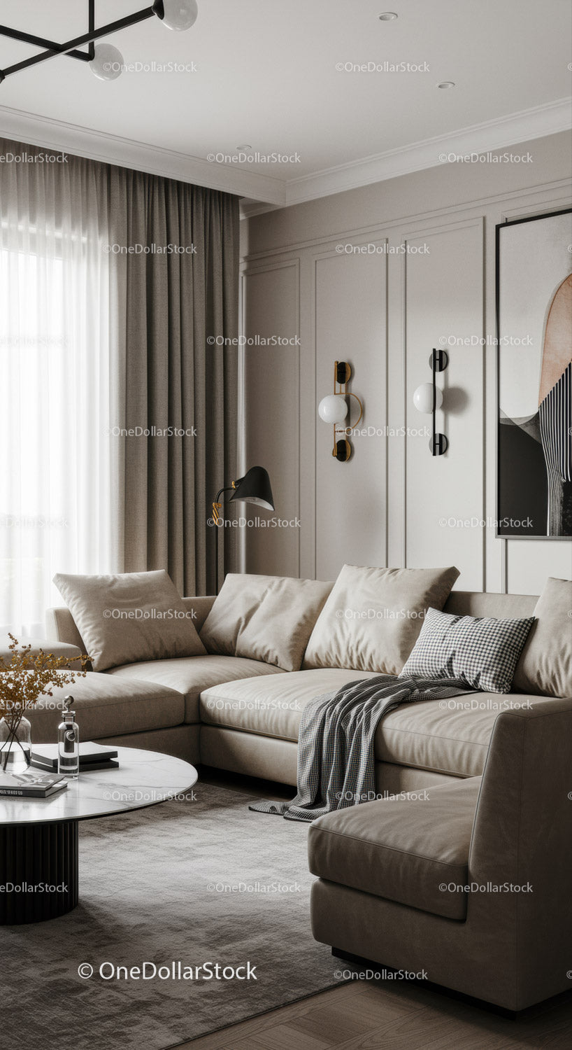Elegancki, nowoczesny salon z beżową kanapą i stylowymi kinkietami