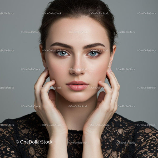 Portrait of a Young Woman with Blue Eyes and Elegant Lace Top