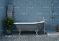 Classic Clawfoot Bathtub in Modern Blue Tiled Bathroom