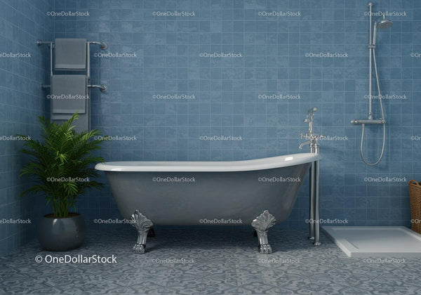 Classic Clawfoot Bathtub in Modern Blue Tiled Bathroom