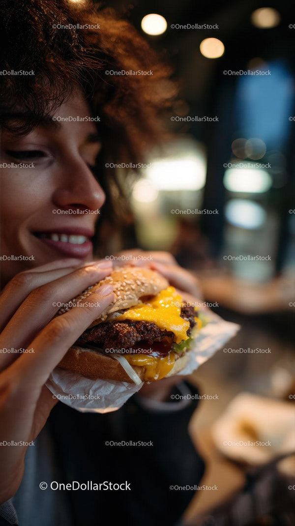 Kobieta delektująca się cheeseburgerem w swobodnej, nocnej atmosferze
