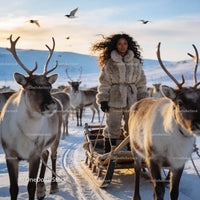 Woman in fur coat riding reindeer sled in snowy landscape