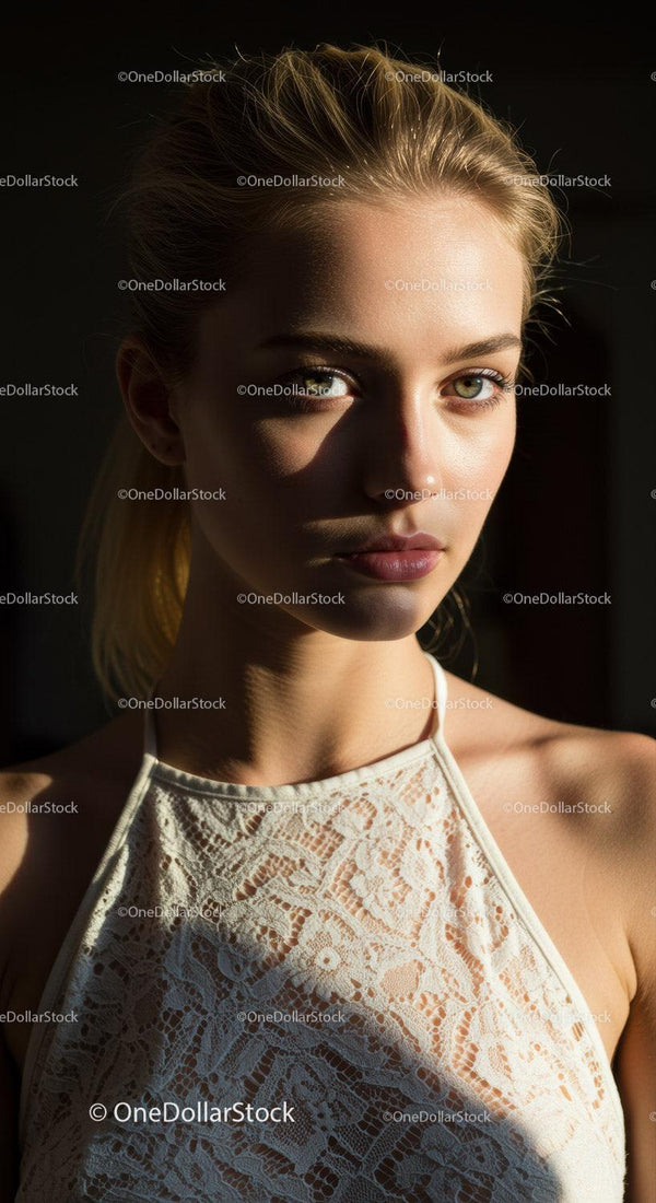 Elegant Portrait of a Young Woman with Green Eyes in Lace Dress