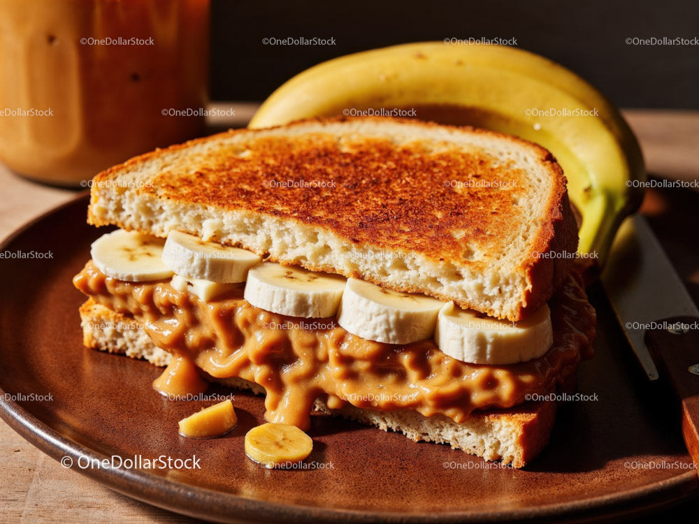 Peanut Butter and Banana Toast Sandwich on a Brown Plate