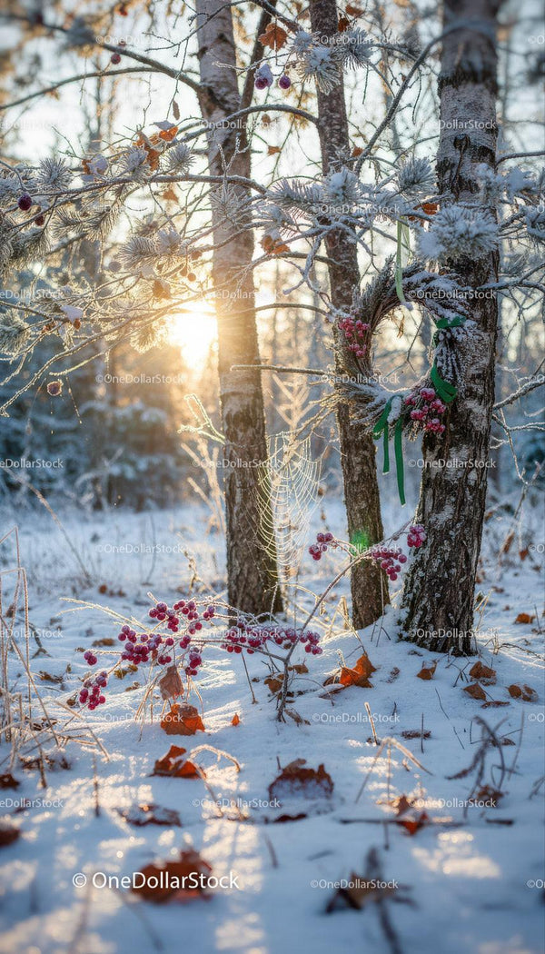 Winter sunlight warms frosted forest with red berries