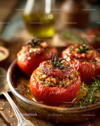 Baked Stuffed Tomatoes with Herbs and Spices in Rustic Kitchen