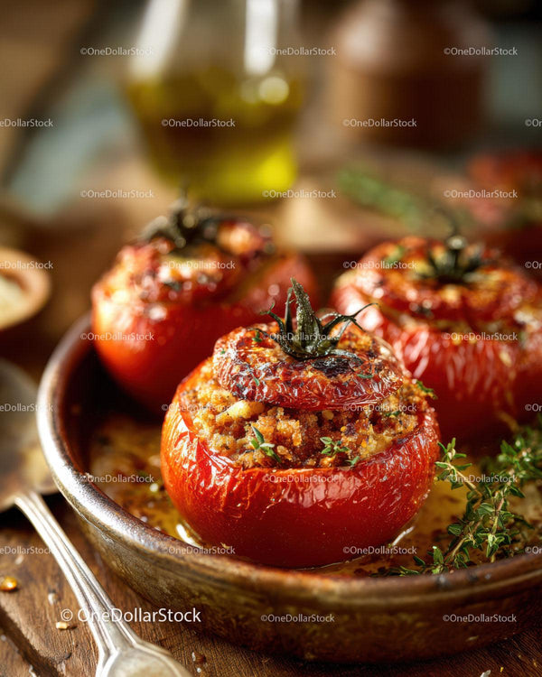 Baked Stuffed Tomatoes with Herbs and Spices in Rustic Kitchen
