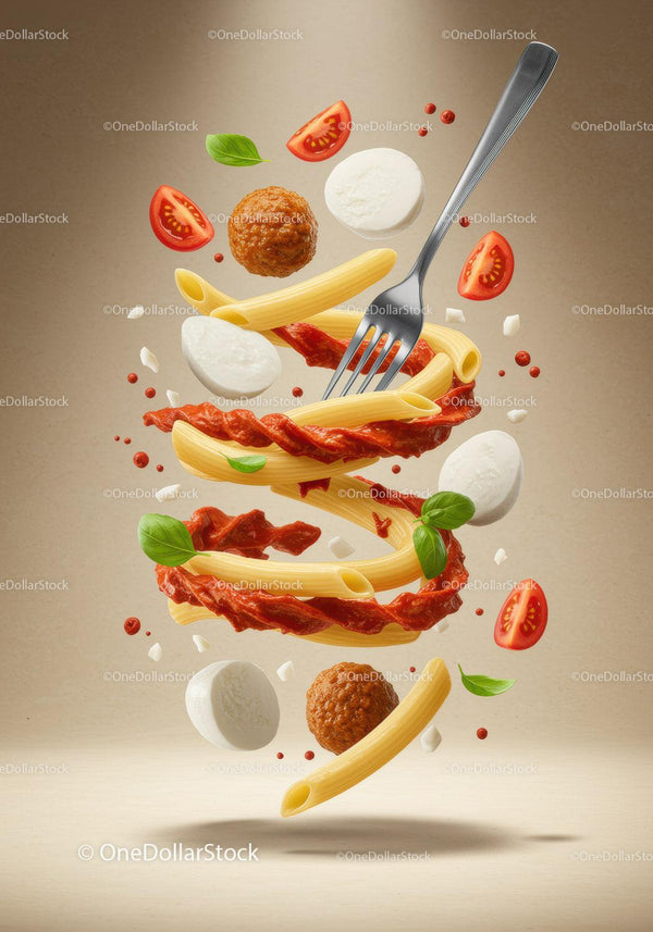 Spiral of Penne Pasta with Sauce and Fresh Ingredients