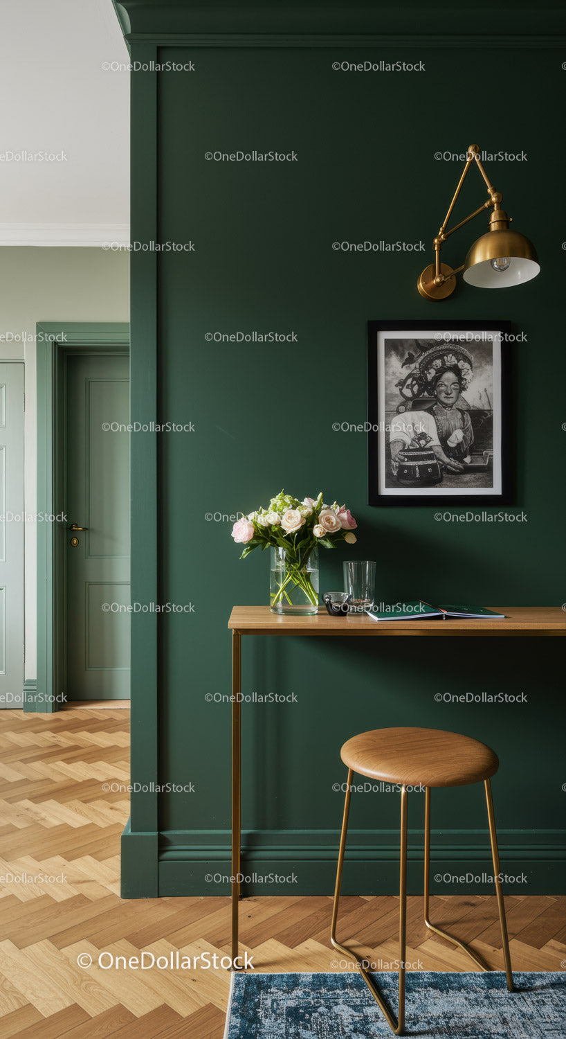 Elegant Green Wall Interior with Wooden Desk and Floral Decor