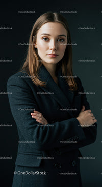 Elegant Young Woman in Black Leather Jacket Studio Portrait