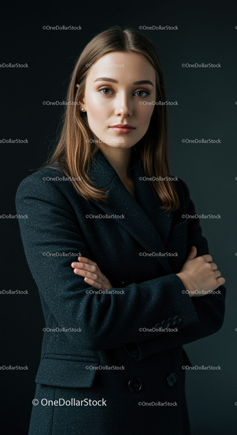Elegant Young Woman in Black Leather Jacket Studio Portrait