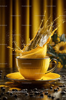 Vibrant Coffee Splash in Yellow Mug with Beans on Dark Table