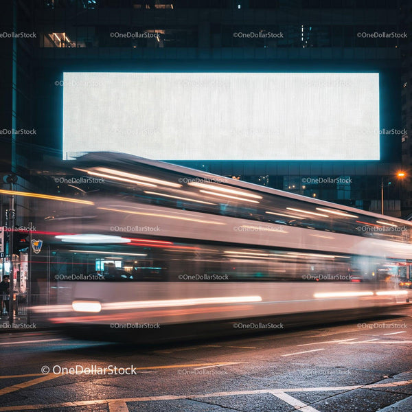 Blurred double-decker bus speeding through night city street JPG Mockup Image