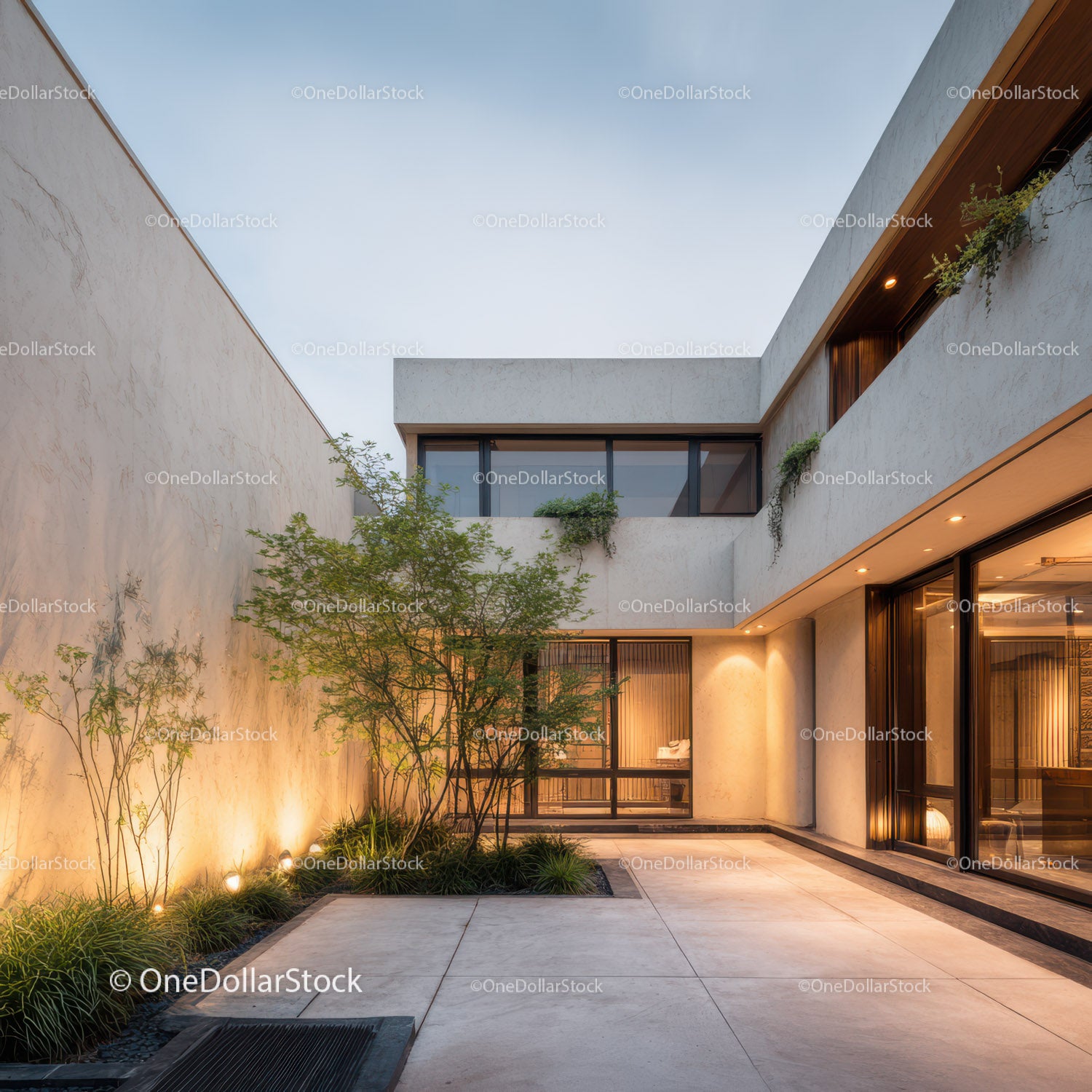 Modern minimalist house with lush outdoor patio and sleek glass windows