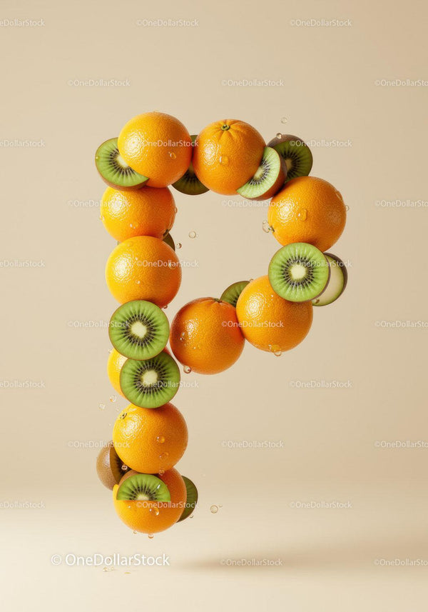 Letter P composed of fresh oranges and kiwi slices