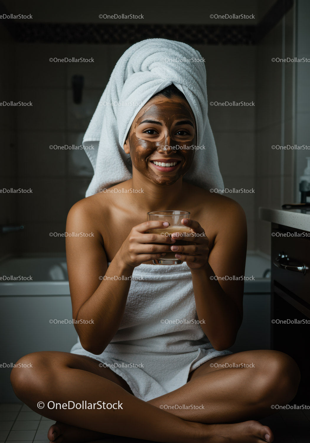 Young woman with facial mask holding drinking glass in bathroom