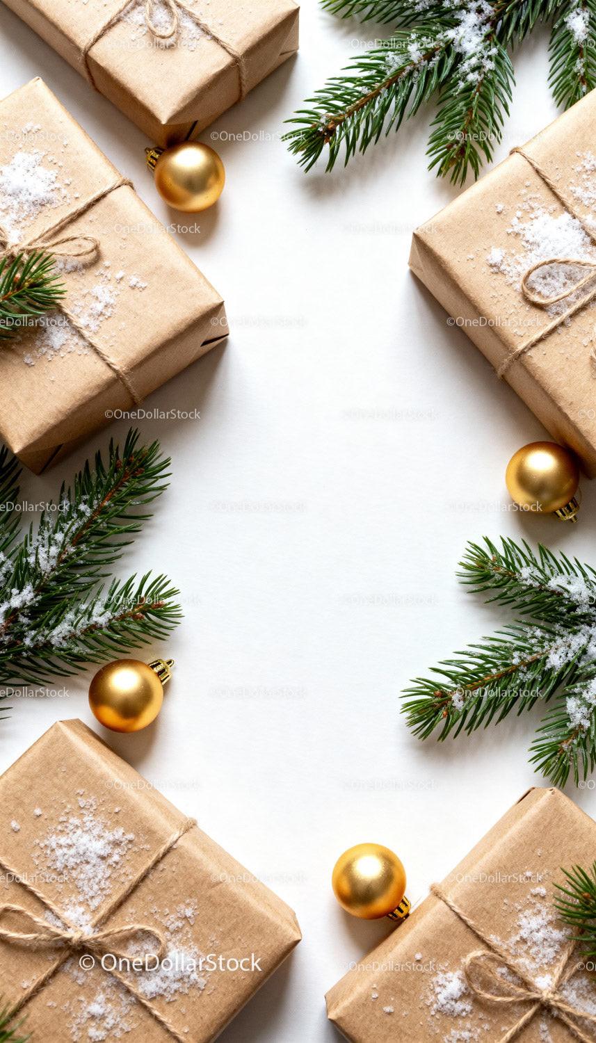 Minimalist Christmas gifts with pine branches and golden ornaments