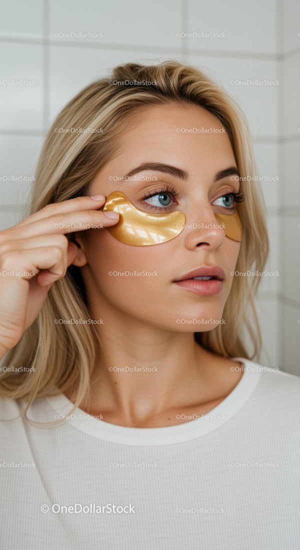 Young Woman with Blue Eyes Applying Eye Patches for Skincare