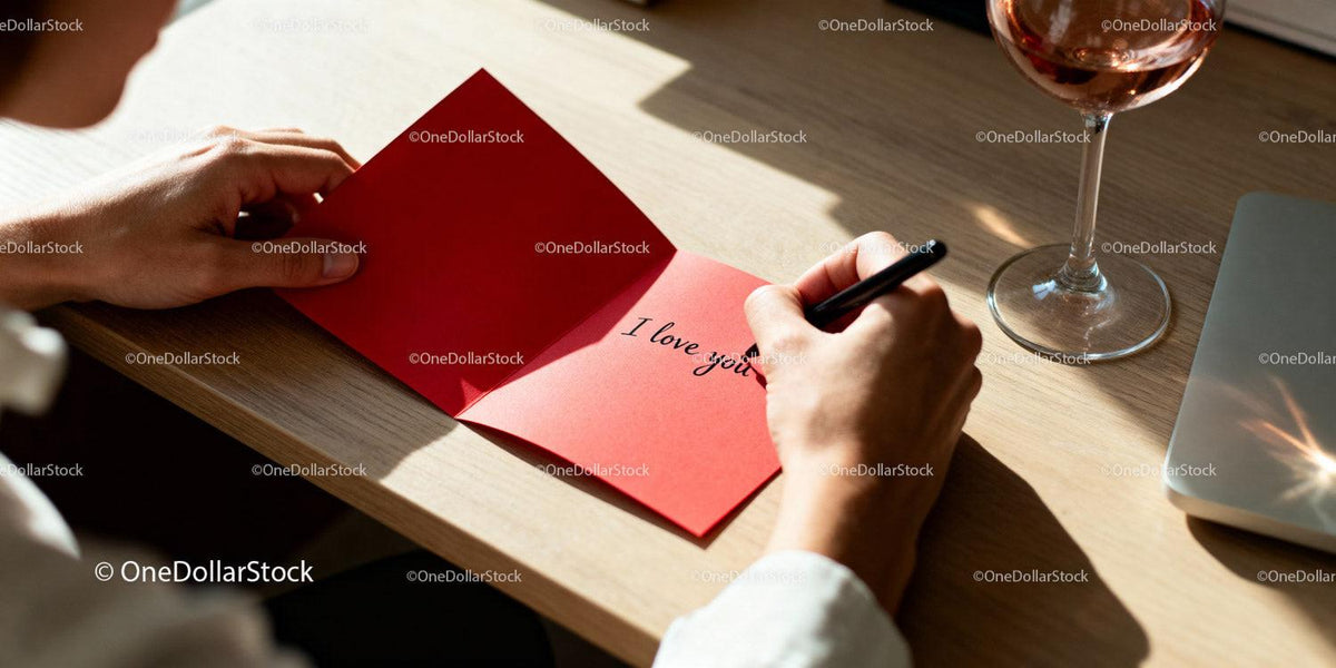 Person writing romantic message in red card with wine glass