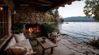 Lakeside Patio with Stone Fireplace and Scenic Water View