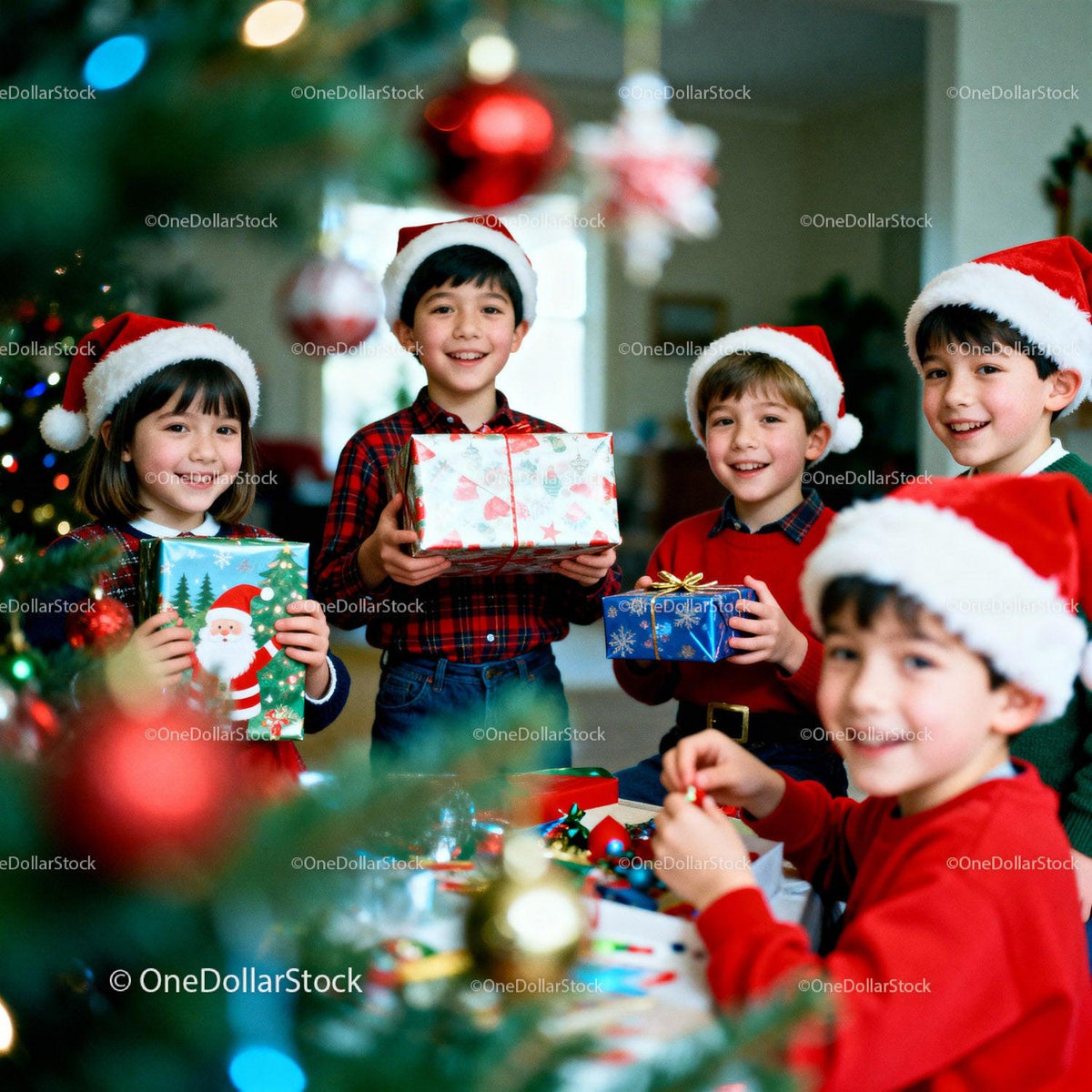 Children Wearing Santa Hats Enjoying Christmas Gifts Together