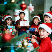 Children Wearing Santa Hats Enjoying Christmas Gifts Together