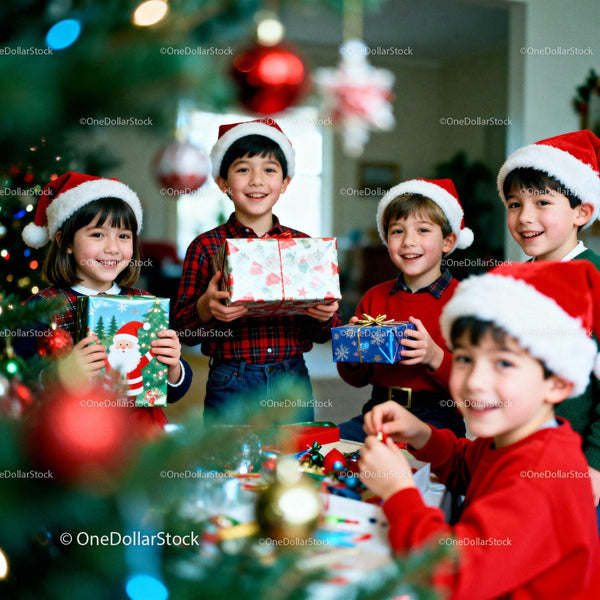 Children Wearing Santa Hats Enjoying Christmas Gifts Together