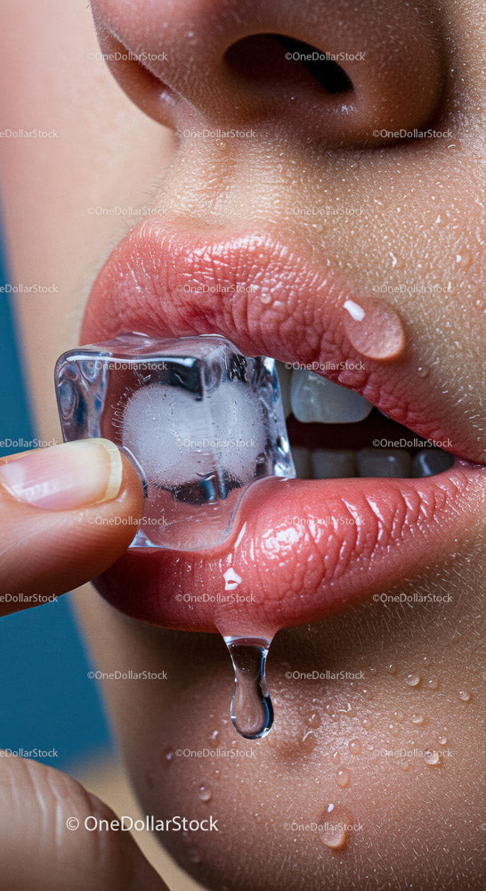 Close-Up of Glossy Lips with Ice Cube for Refreshing Hydration