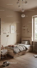 Cute Children's Bedroom with Wooden Bed and Cloud Wall Decor