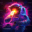 Colorful Astronaut Holding Ice Cream in Space with Galaxy Reflection