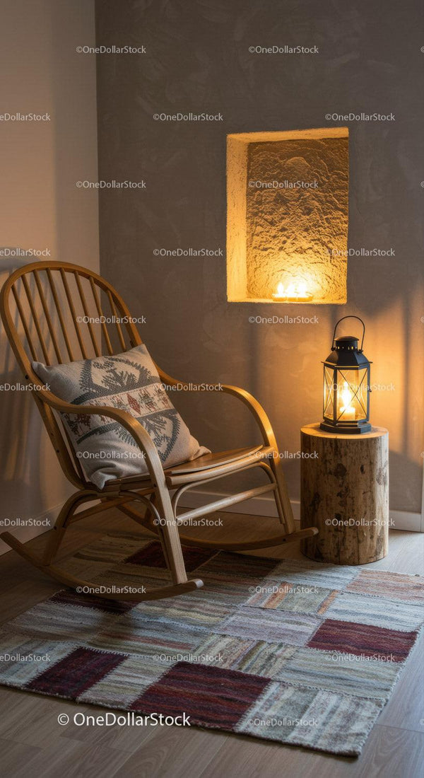 Cozy rocking chair corner with soft lighting and pillow
