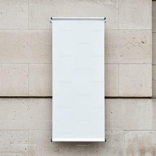 Blank White Vertical Banner on Stone Wall Background JPG Mockup Image