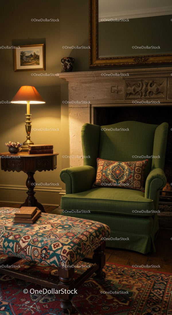 Comfortable green armchair with vintage decor ambiance