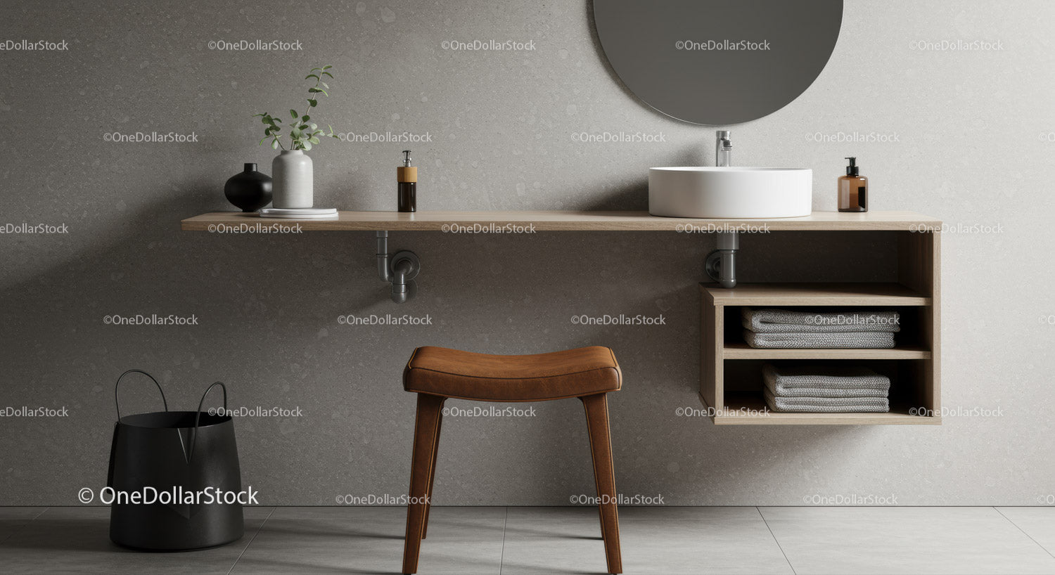 Modern Bathroom with Wooden Shelf and Stylish Vanity for Elegant Spaces