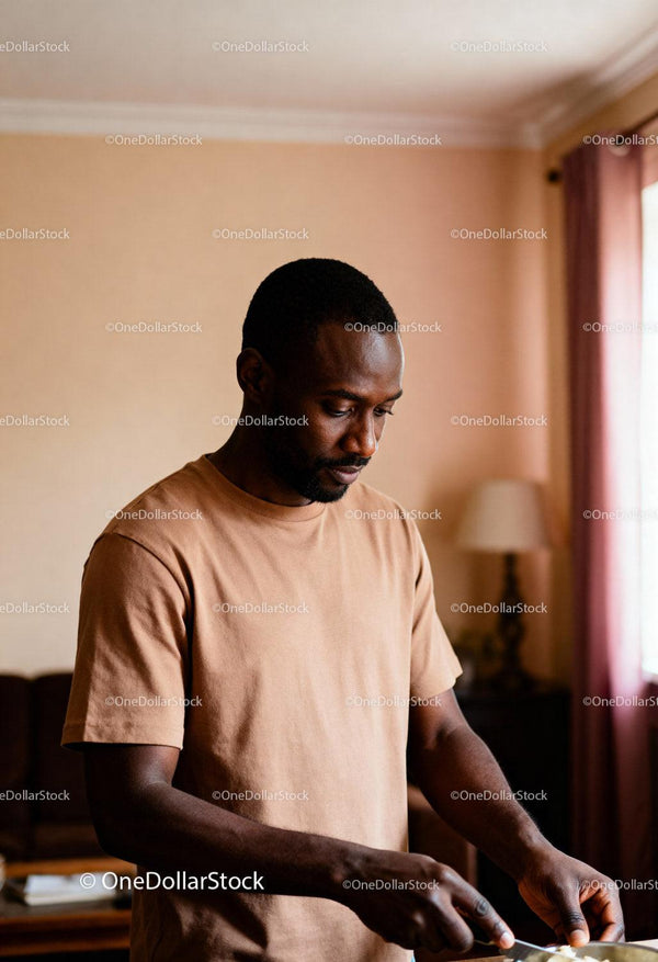Focused man preparing meal in warm home kitchen