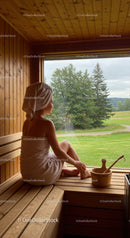 Woman Relaxing in a Wooden Sauna with Scenic Outdoor View