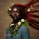 Elegant Portrait of a Woman with Flowing Red Hair and Botanical Accessories