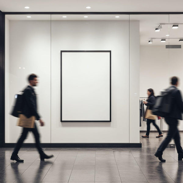 People walking past blank commercial display window JPG Mockup Image
