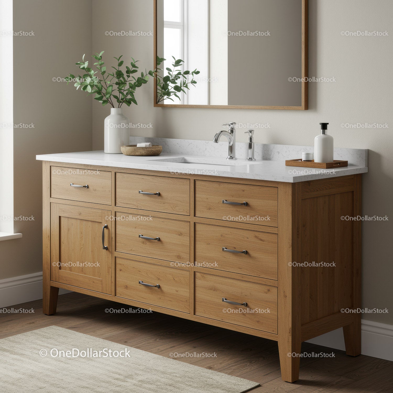 Wooden Bathroom Vanity with White Marble Countertop and Modern Silver Handles