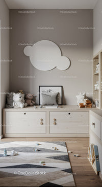 Modern Children's Nursery with Cloud Wall Art and Plush Toys