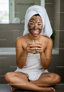 Happy Woman with Face Mask and Towel Enjoying Spa Routine