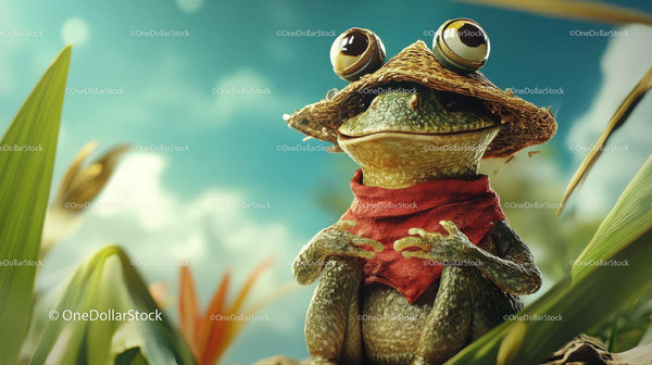 Anthropomorphic Frog Wearing Straw Hat And Red Scarf