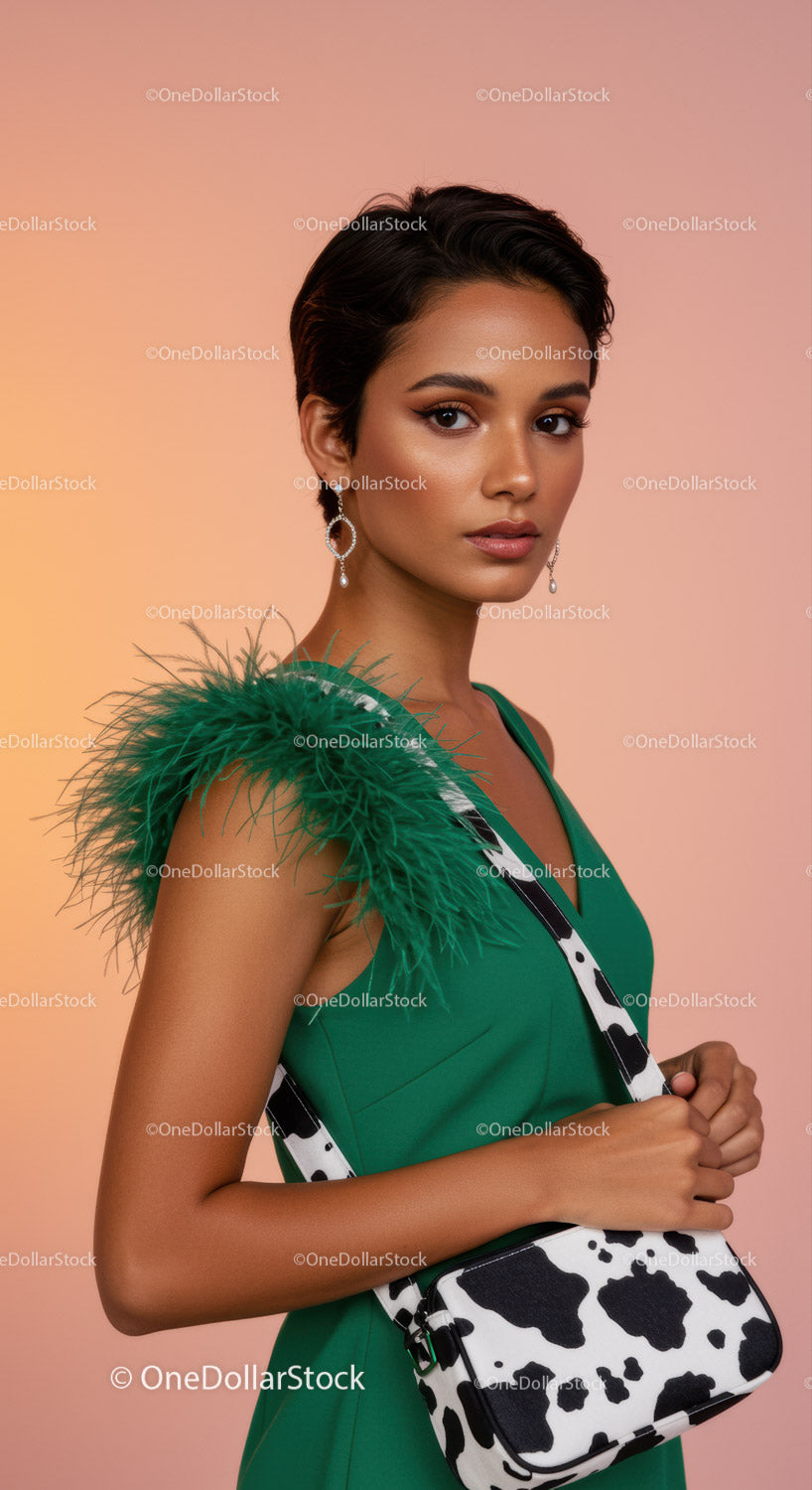Elegant Woman in Green Dress with Cow Print Bag and Sparkling Earrings