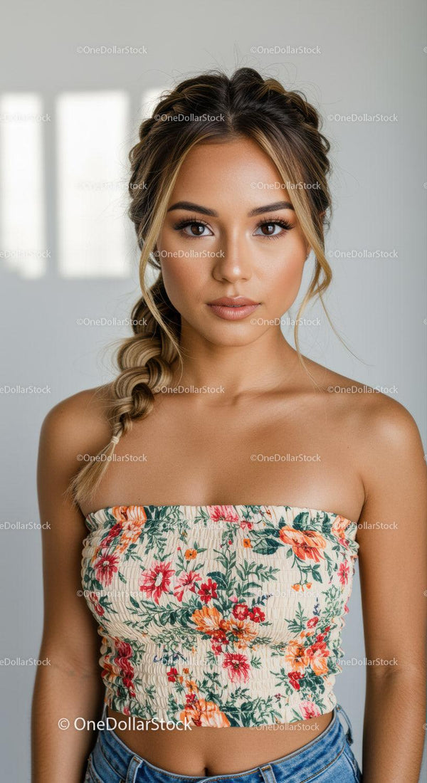 Young Woman in Floral Crop Top and Denim Jeans in Studio Portrait