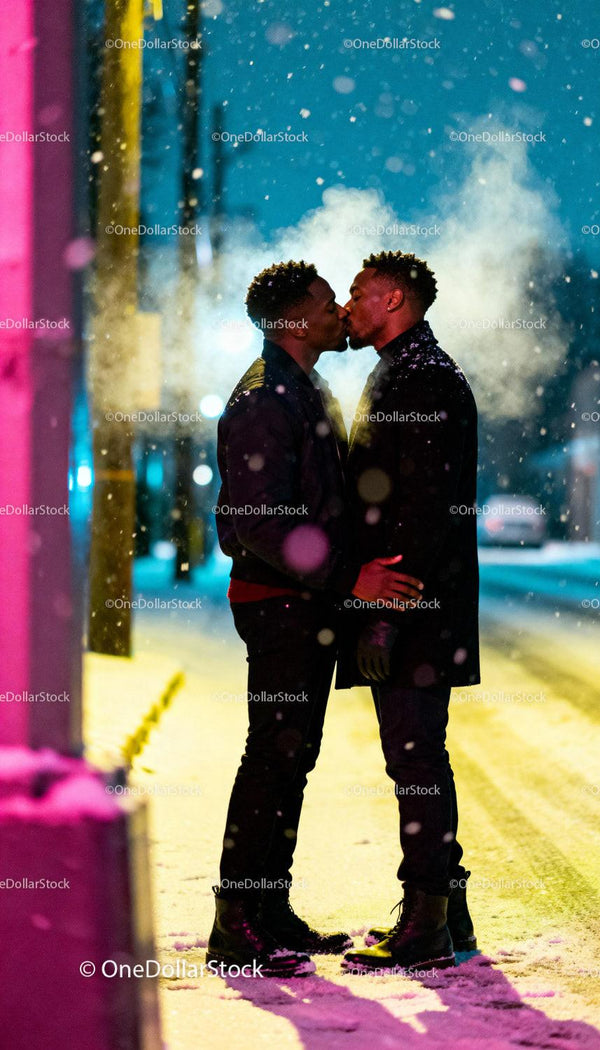 Romantic winter kiss between two men on snowy street