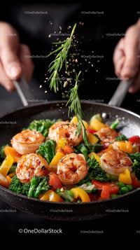 Fresh Rosemary Sprigs Add Flavor to Colorful Shrimp and Vegetable Stir-Fry