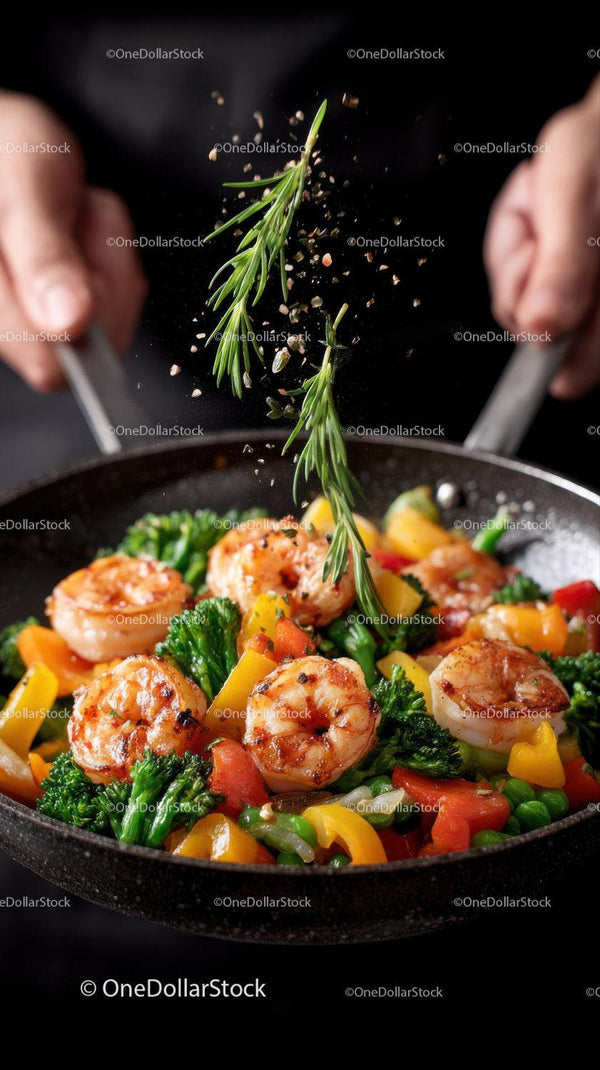 Świeże gałązki rozmarynu dodają smaku kolorowemu stir-fry z krewetkami i warzywami