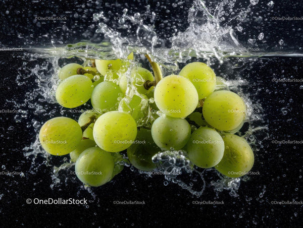 Green Grapes in Water Splash for Refreshing Fruit Concept