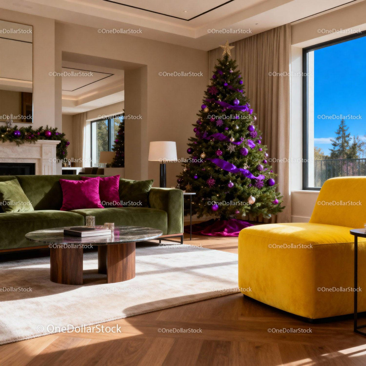 Modern living room with festive Christmas decor