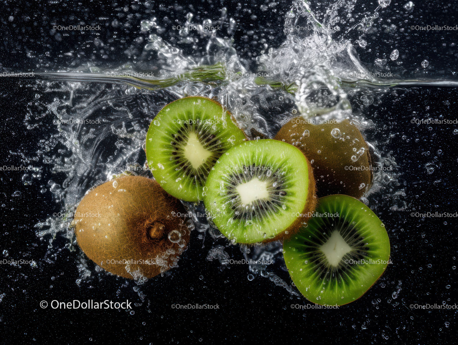 Fresh Kiwi Slices Splashing in Water with Vibrant Splash Effect